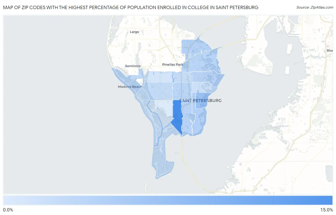 Zip Codes with the Highest Percentage of Population Enrolled in College in Saint Petersburg Map