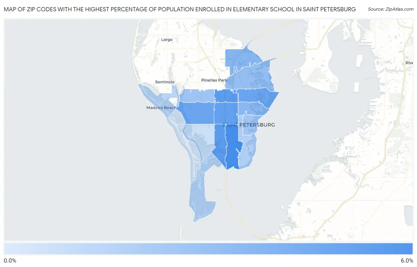 Zip Codes with the Highest Percentage of Population Enrolled in Elementary School in Saint Petersburg Map