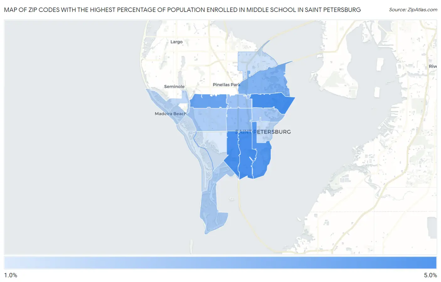 Zip Codes with the Highest Percentage of Population Enrolled in Middle School in Saint Petersburg Map
