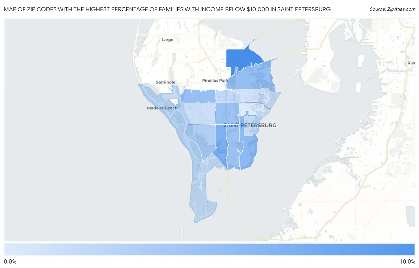 Zip Codes with the Highest Percentage of Families with Income Below $10,000 in Saint Petersburg Map