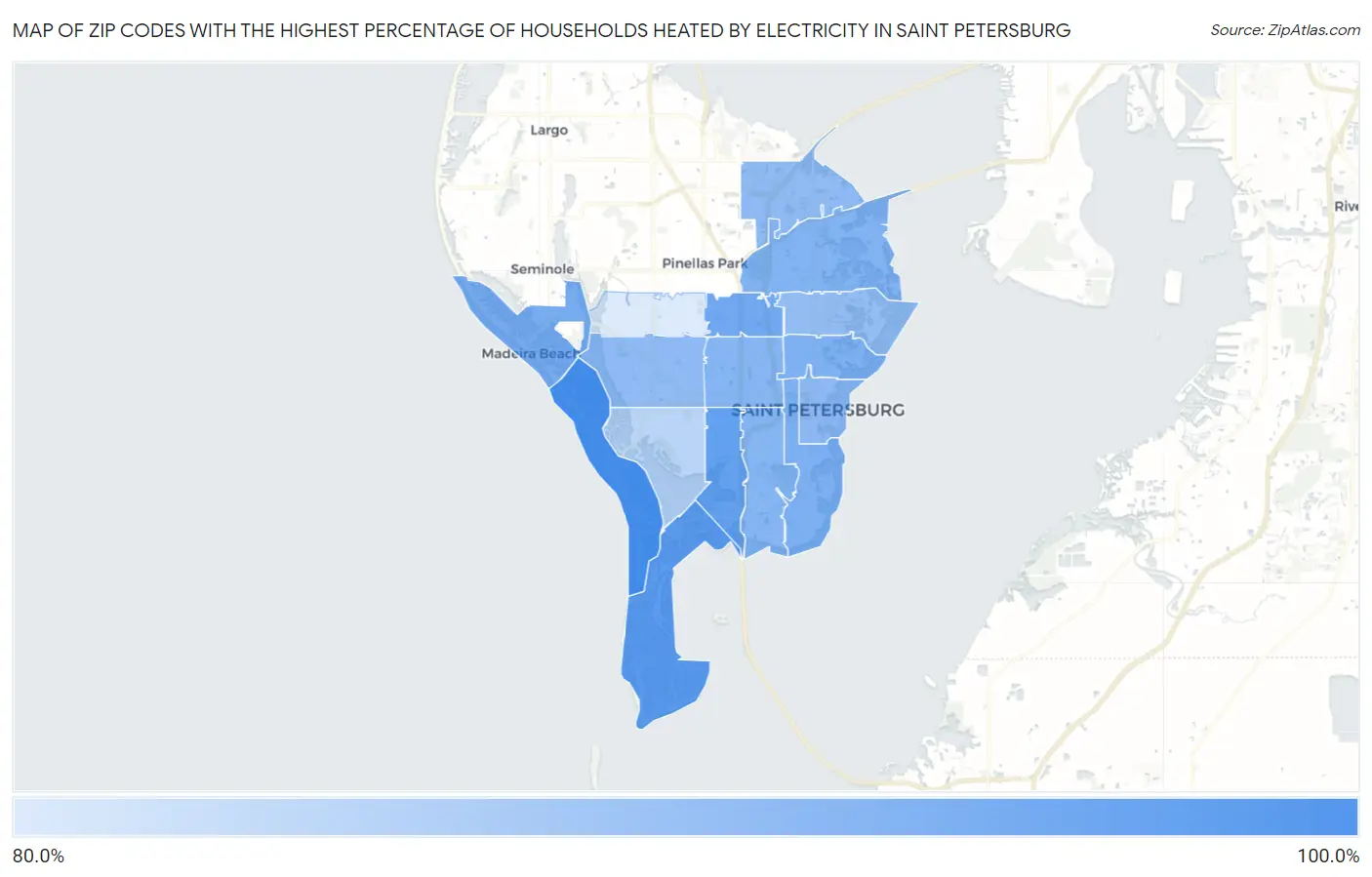 Zip Codes with the Highest Percentage of Households Heated by Electricity in Saint Petersburg Map