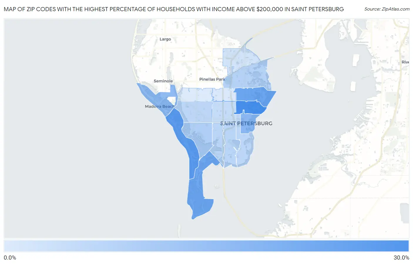 Zip Codes with the Highest Percentage of Households with Income Above $200,000 in Saint Petersburg Map