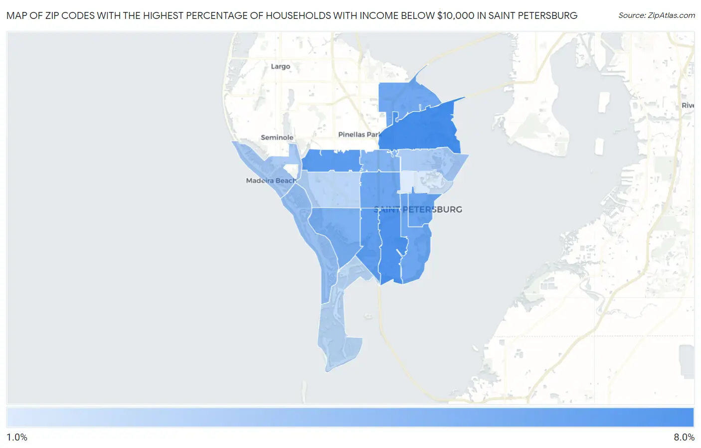 Zip Codes with the Highest Percentage of Households with Income Below $10,000 in Saint Petersburg Map