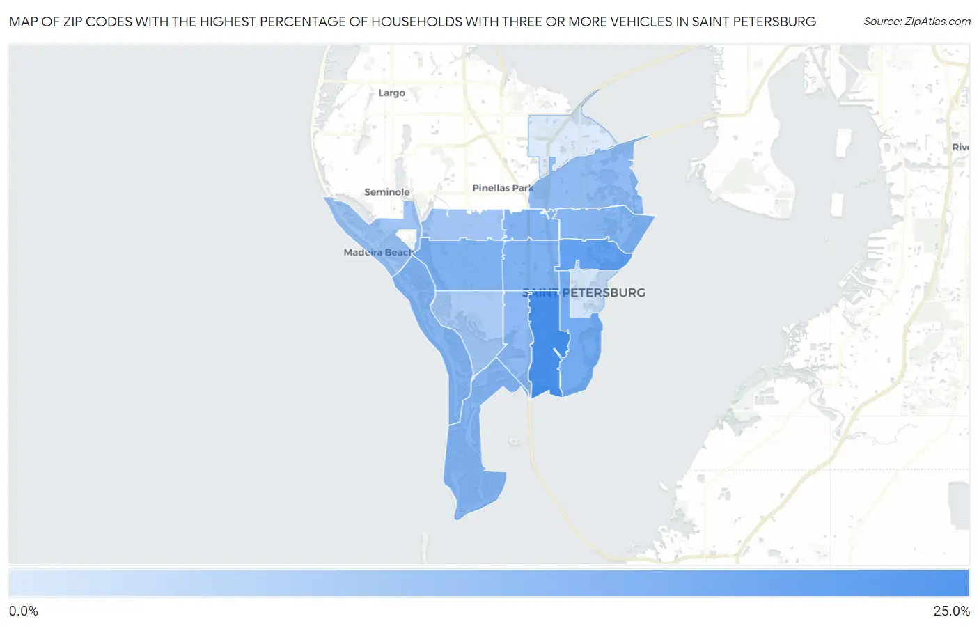 Zip Codes with the Highest Percentage of Households With Three or more Vehicles in Saint Petersburg Map