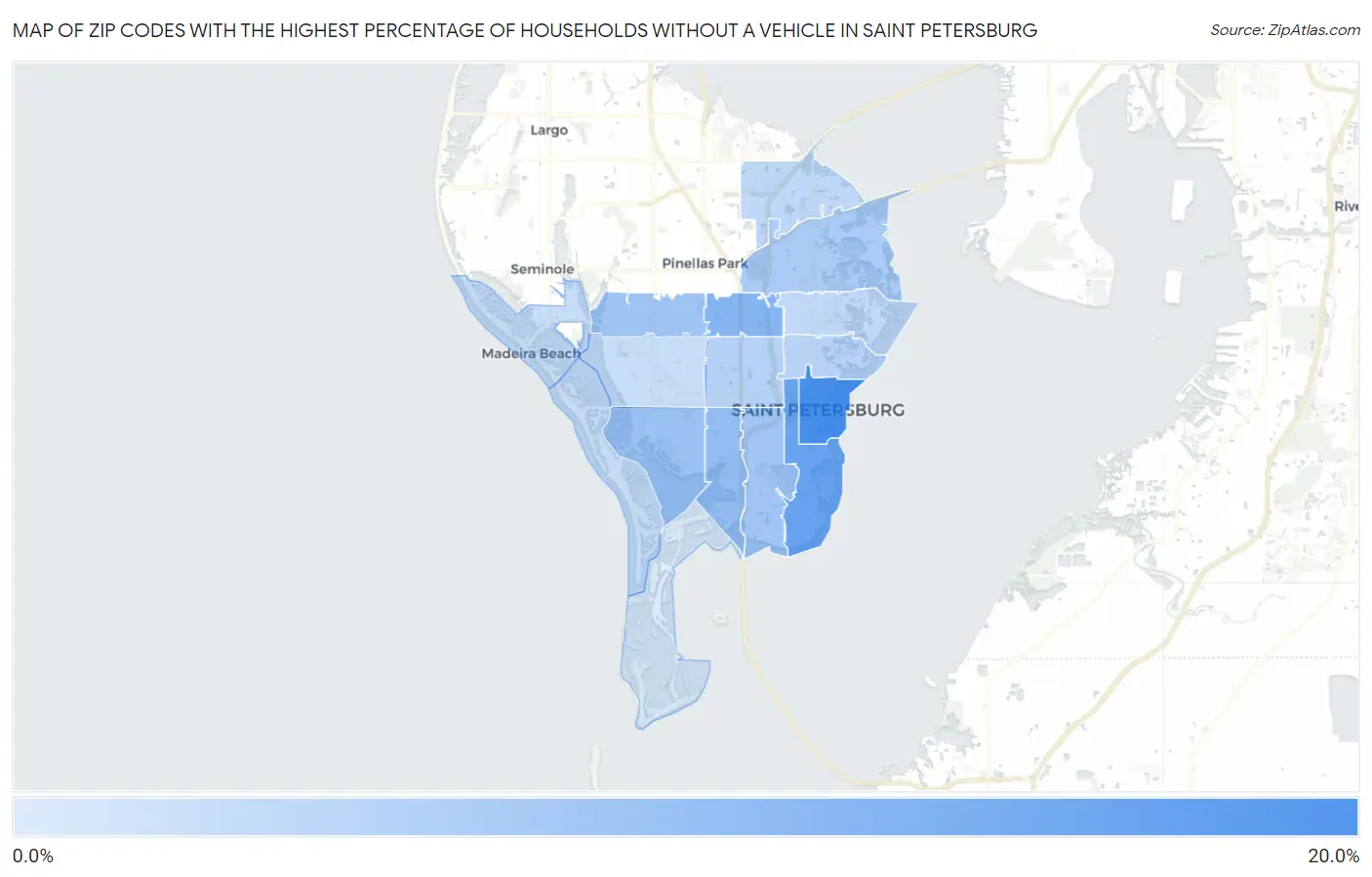 Zip Codes with the Highest Percentage of Households Without a Vehicle in Saint Petersburg Map
