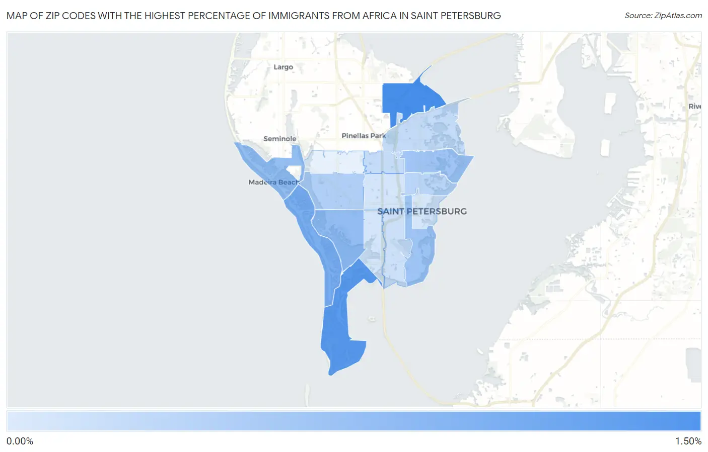 Zip Codes with the Highest Percentage of Immigrants from Africa in Saint Petersburg Map