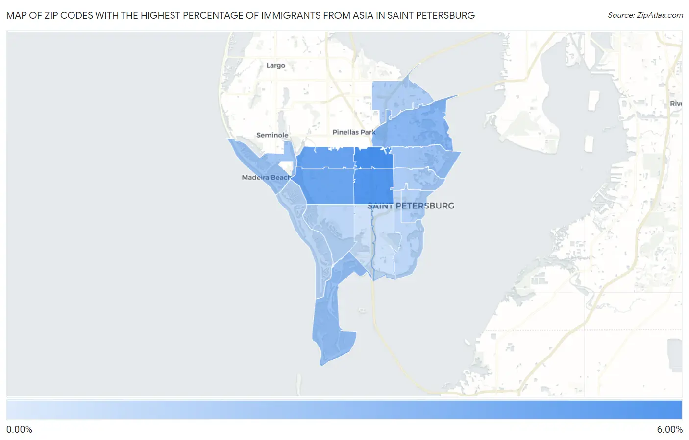 Zip Codes with the Highest Percentage of Immigrants from Asia in Saint Petersburg Map
