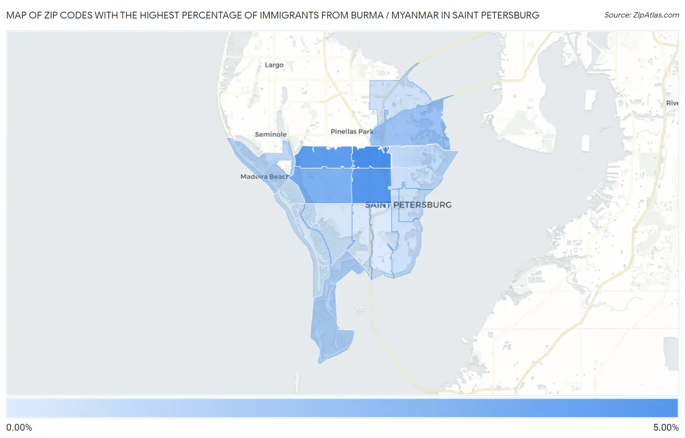 Zip Codes with the Highest Percentage of Immigrants from Burma / Myanmar in Saint Petersburg Map