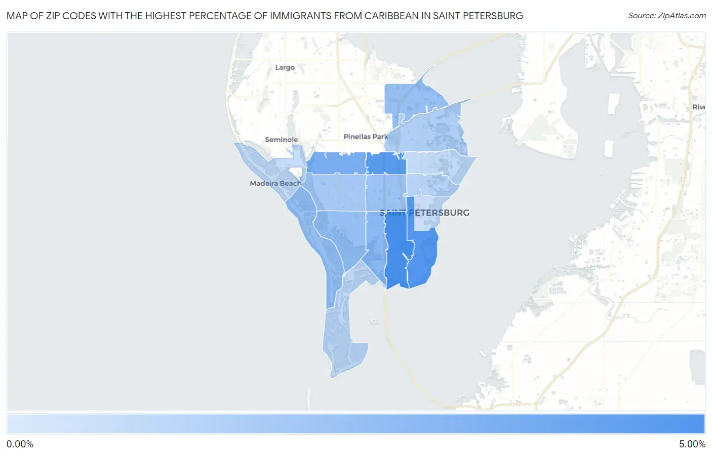 Zip Codes with the Highest Percentage of Immigrants from Caribbean in Saint Petersburg Map