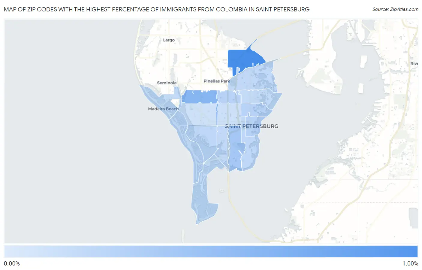 Zip Codes with the Highest Percentage of Immigrants from Colombia in Saint Petersburg Map