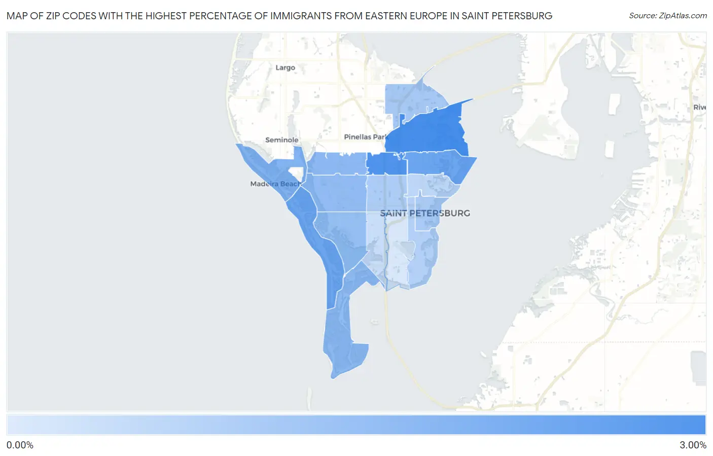 Zip Codes with the Highest Percentage of Immigrants from Eastern Europe in Saint Petersburg Map