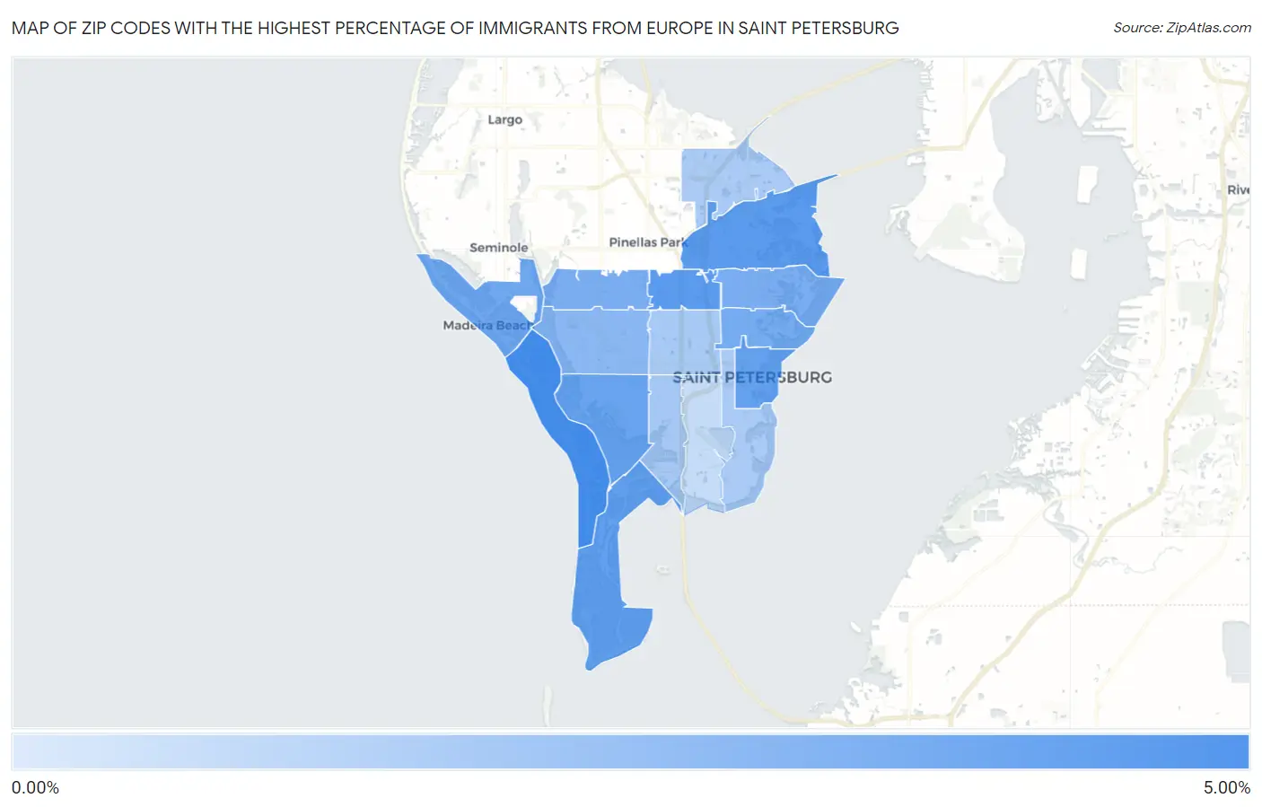 Zip Codes with the Highest Percentage of Immigrants from Europe in Saint Petersburg Map