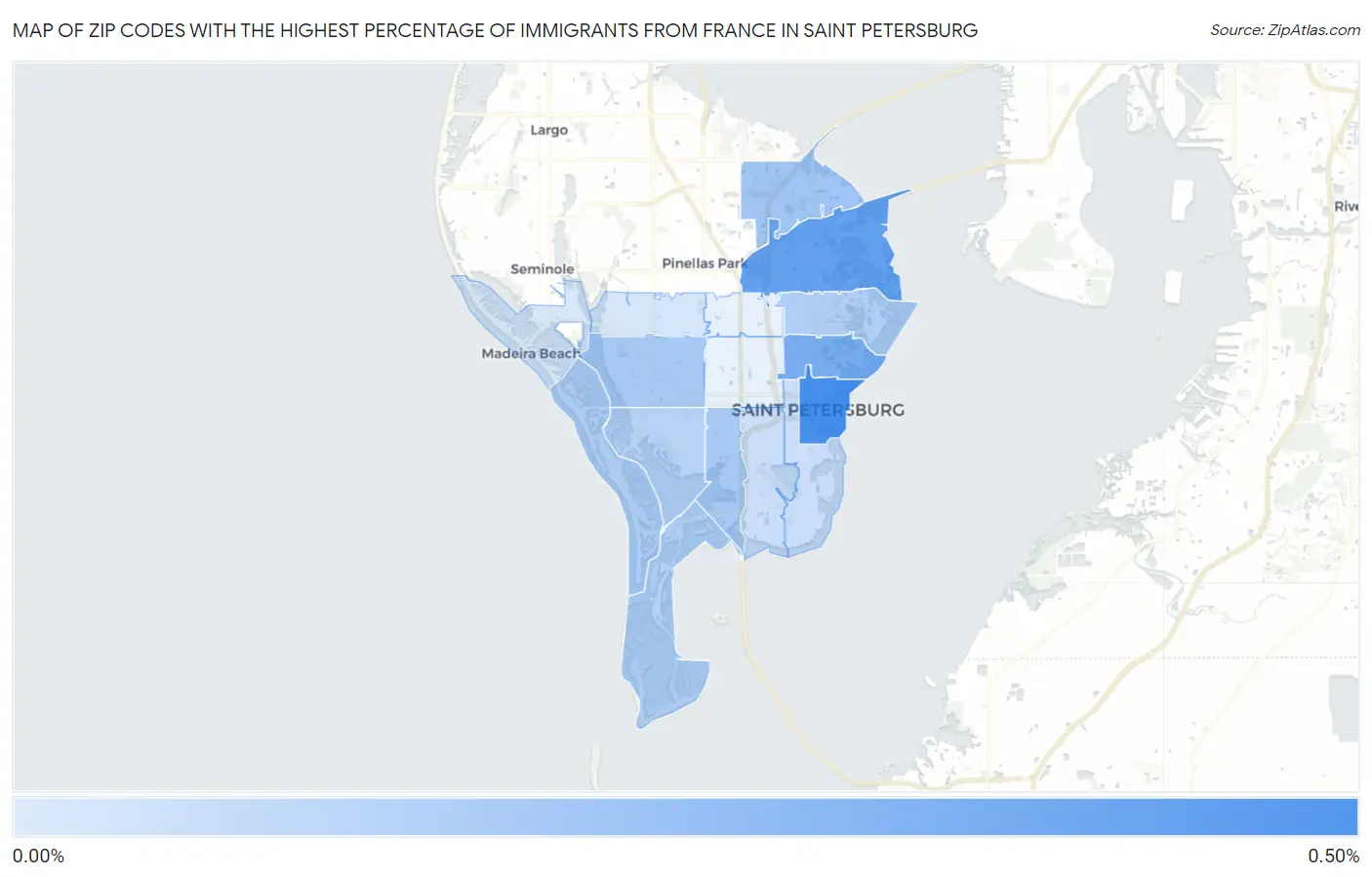 Zip Codes with the Highest Percentage of Immigrants from France in Saint Petersburg Map