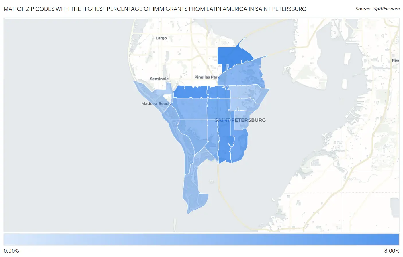 Zip Codes with the Highest Percentage of Immigrants from Latin America in Saint Petersburg Map