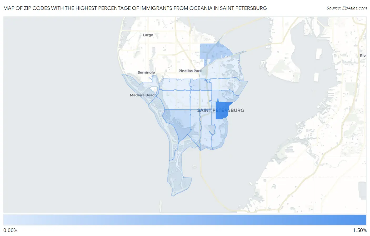 Zip Codes with the Highest Percentage of Immigrants from Oceania in Saint Petersburg Map