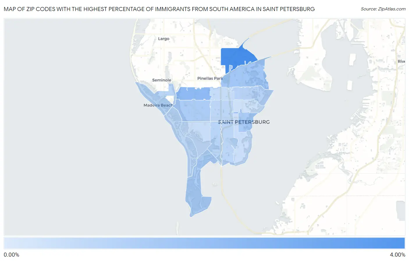 Zip Codes with the Highest Percentage of Immigrants from South America in Saint Petersburg Map