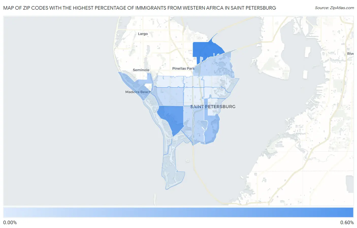 Zip Codes with the Highest Percentage of Immigrants from Western Africa in Saint Petersburg Map