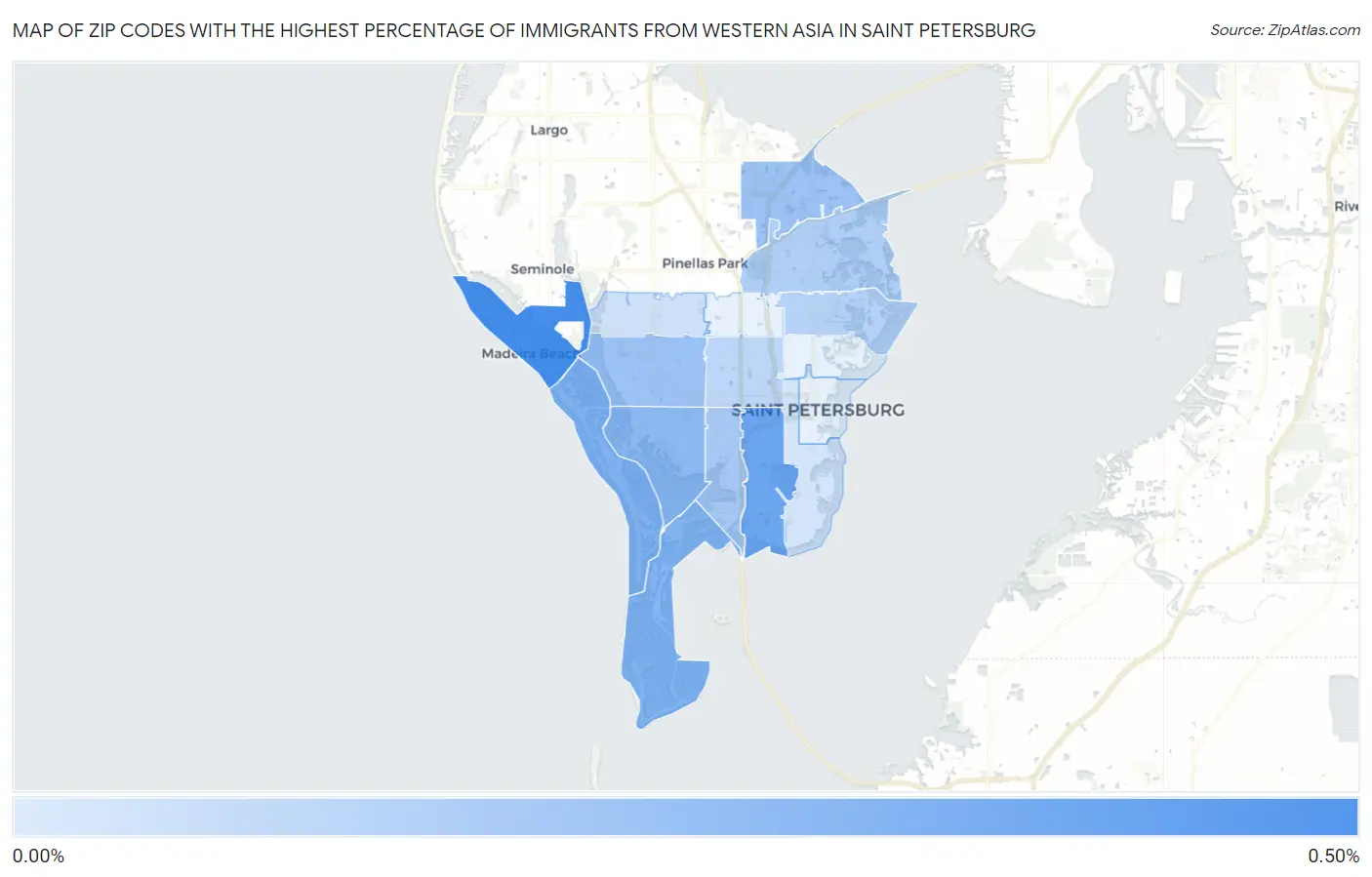 Zip Codes with the Highest Percentage of Immigrants from Western Asia in Saint Petersburg Map