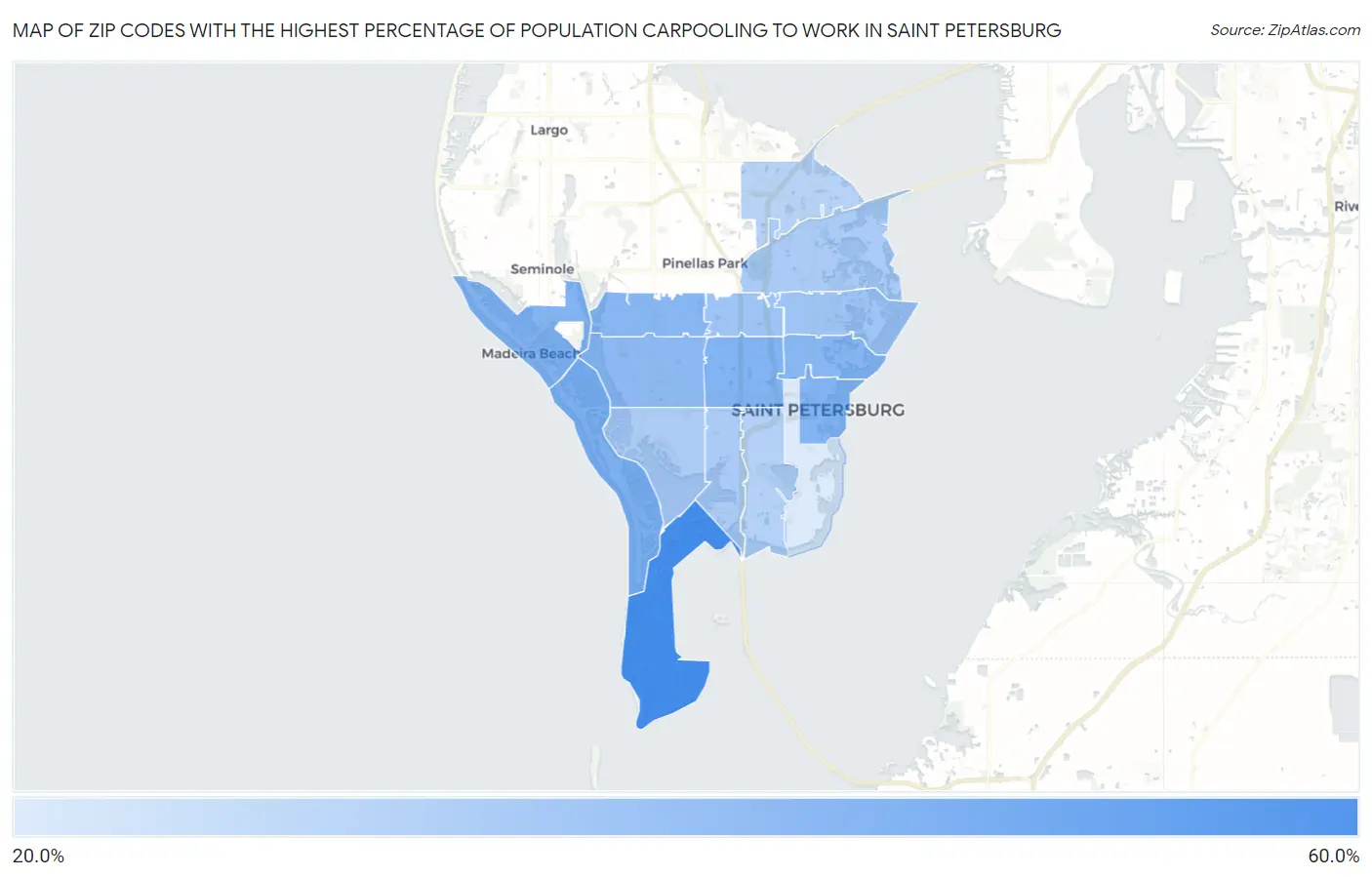 Zip Codes with the Highest Percentage of Population Carpooling to Work in Saint Petersburg Map