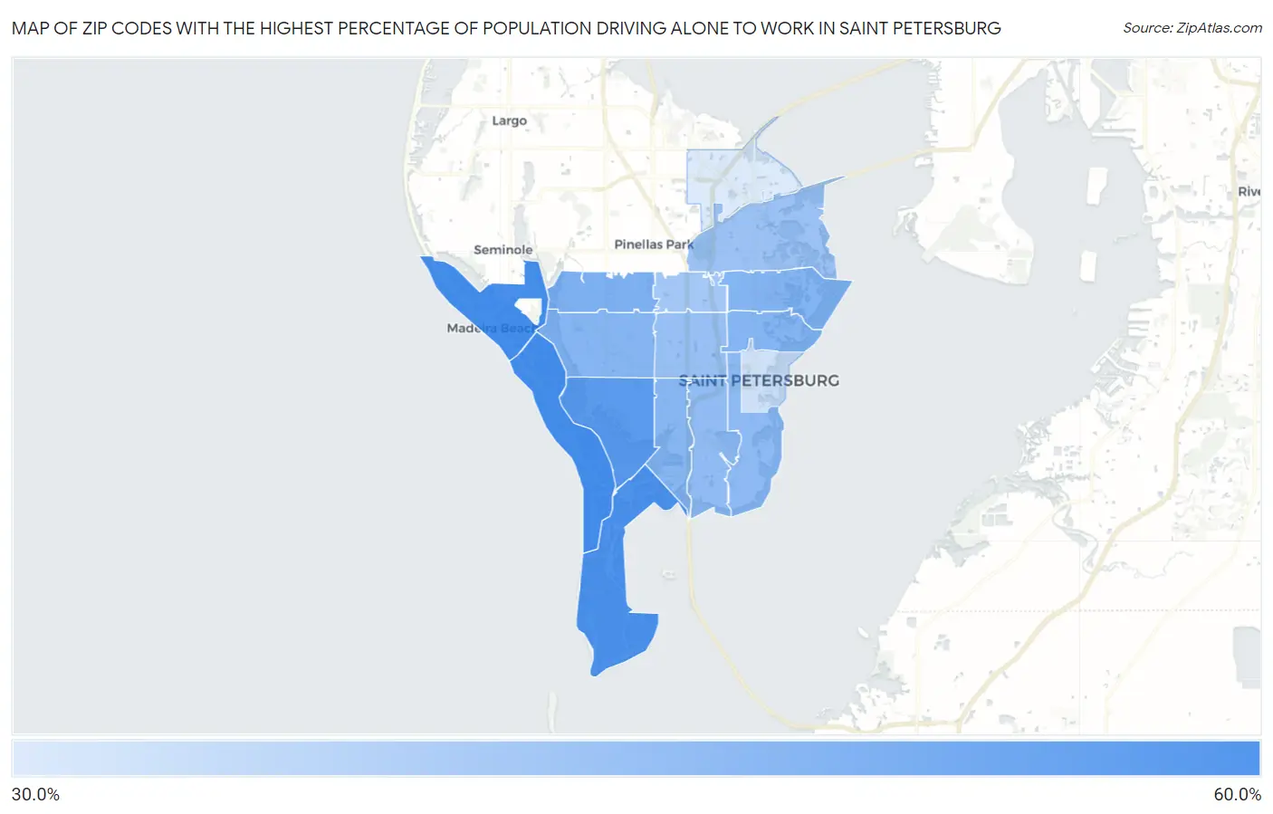 Zip Codes with the Highest Percentage of Population Driving Alone to Work in Saint Petersburg Map