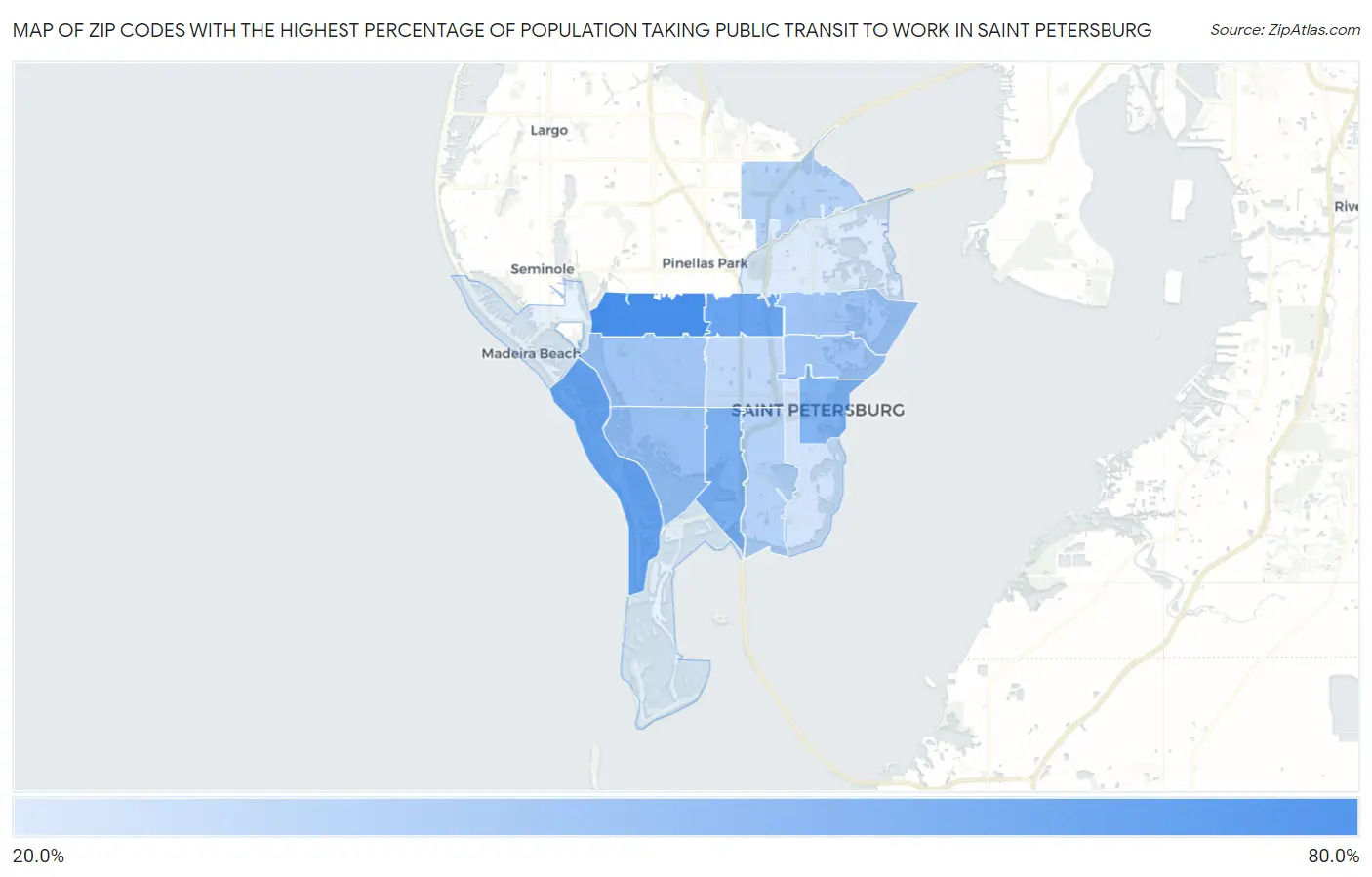 Zip Codes with the Highest Percentage of Population Taking Public Transit to Work in Saint Petersburg Map