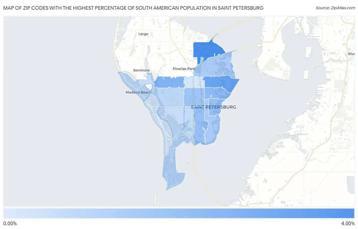 Zip Codes with the Highest Percentage of South American Population in Saint Petersburg Map