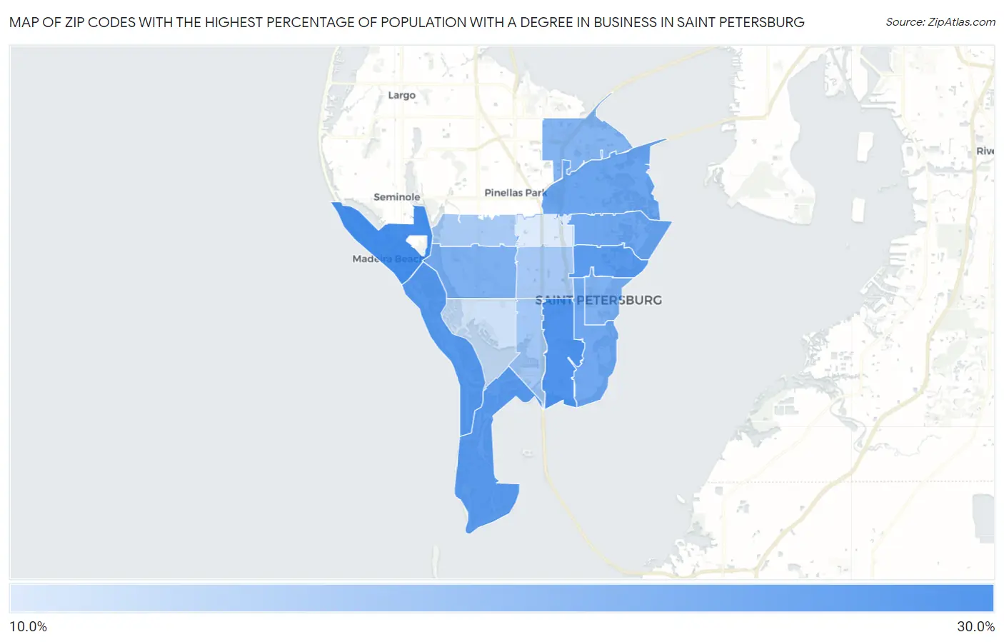 Zip Codes with the Highest Percentage of Population with a Degree in Business in Saint Petersburg Map
