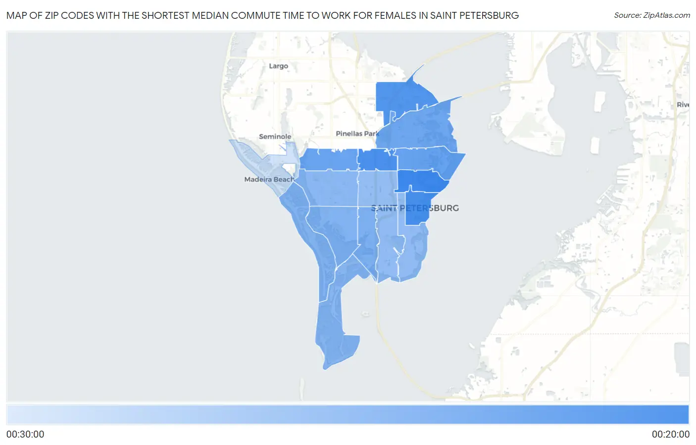 Zip Codes with the Shortest Median Commute Time to Work for Females in Saint Petersburg Map