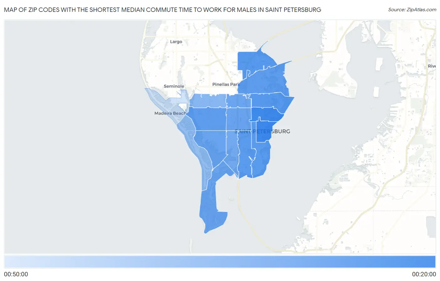 Zip Codes with the Shortest Median Commute Time to Work for Males in Saint Petersburg Map