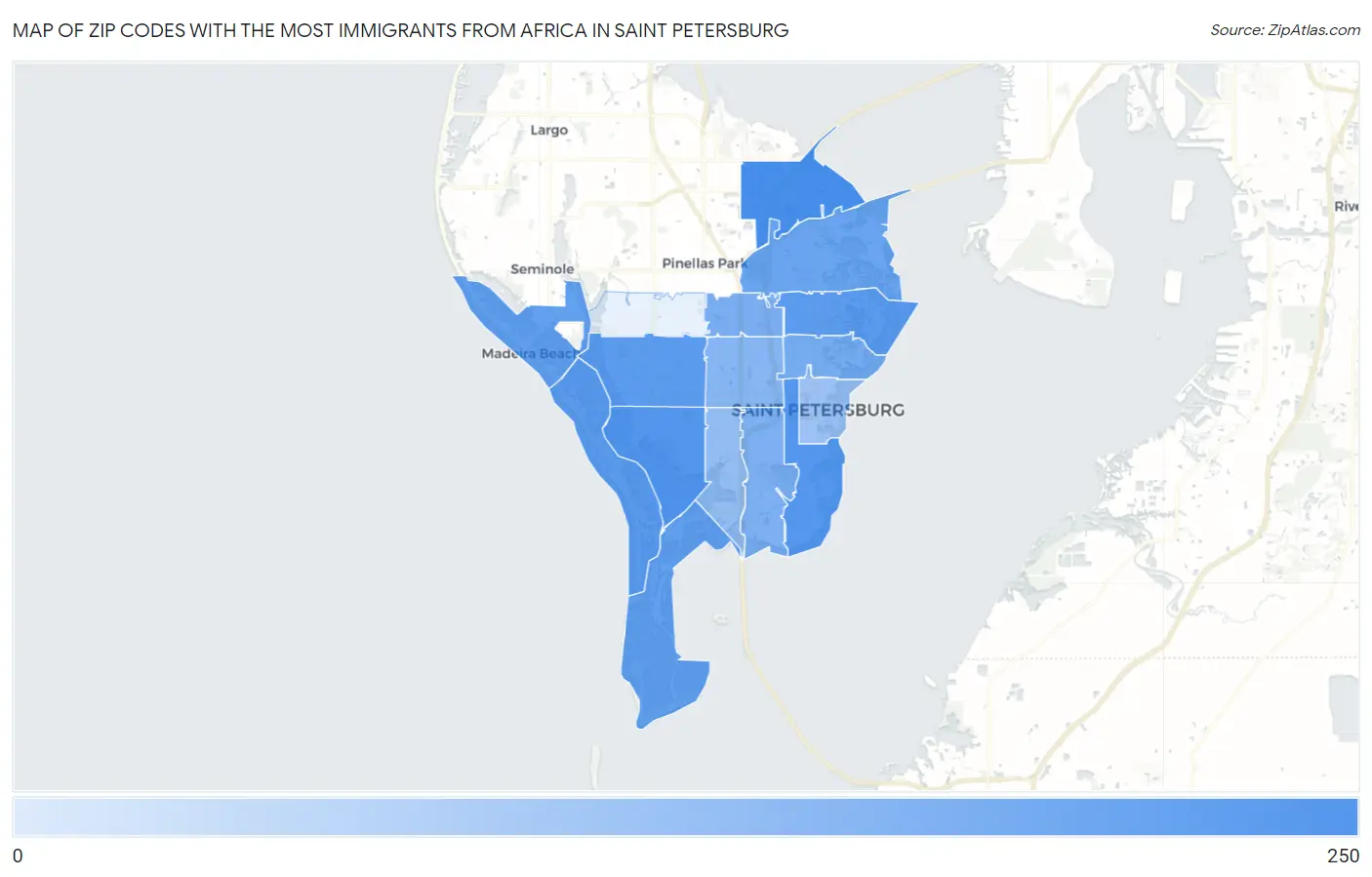 Zip Codes with the Most Immigrants from Africa in Saint Petersburg Map