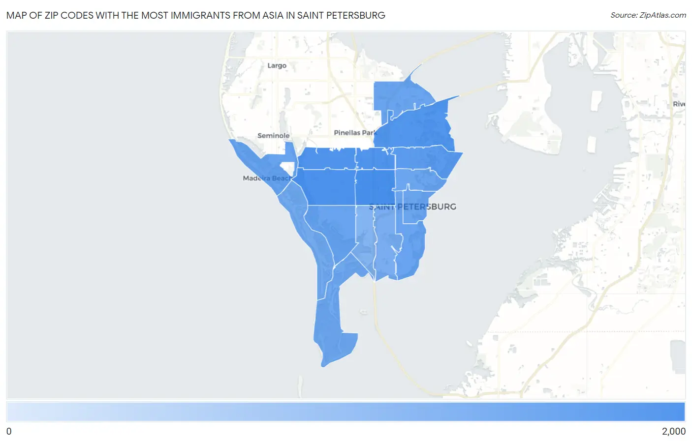 Zip Codes with the Most Immigrants from Asia in Saint Petersburg Map