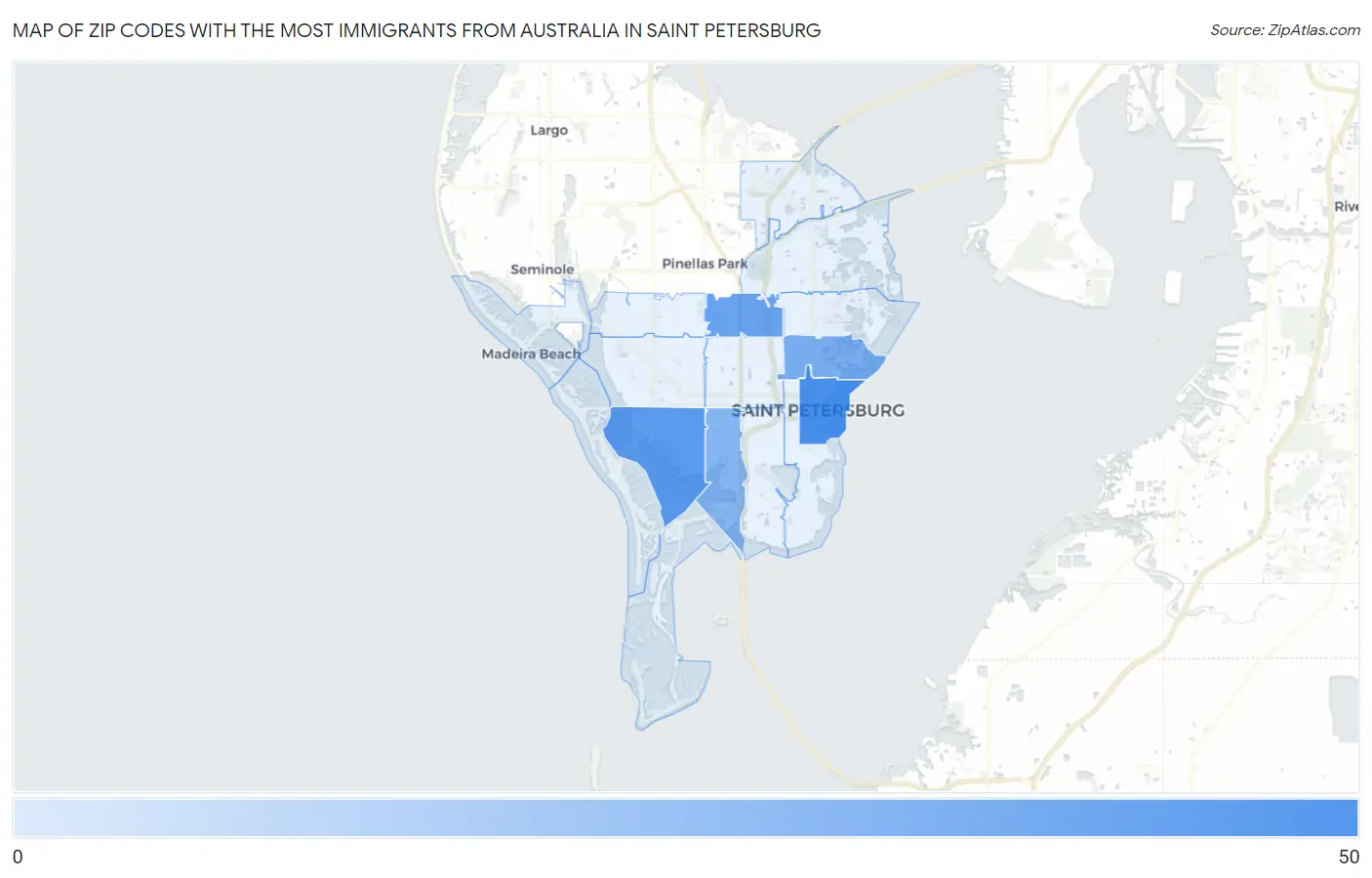 Zip Codes with the Most Immigrants from Australia in Saint Petersburg Map