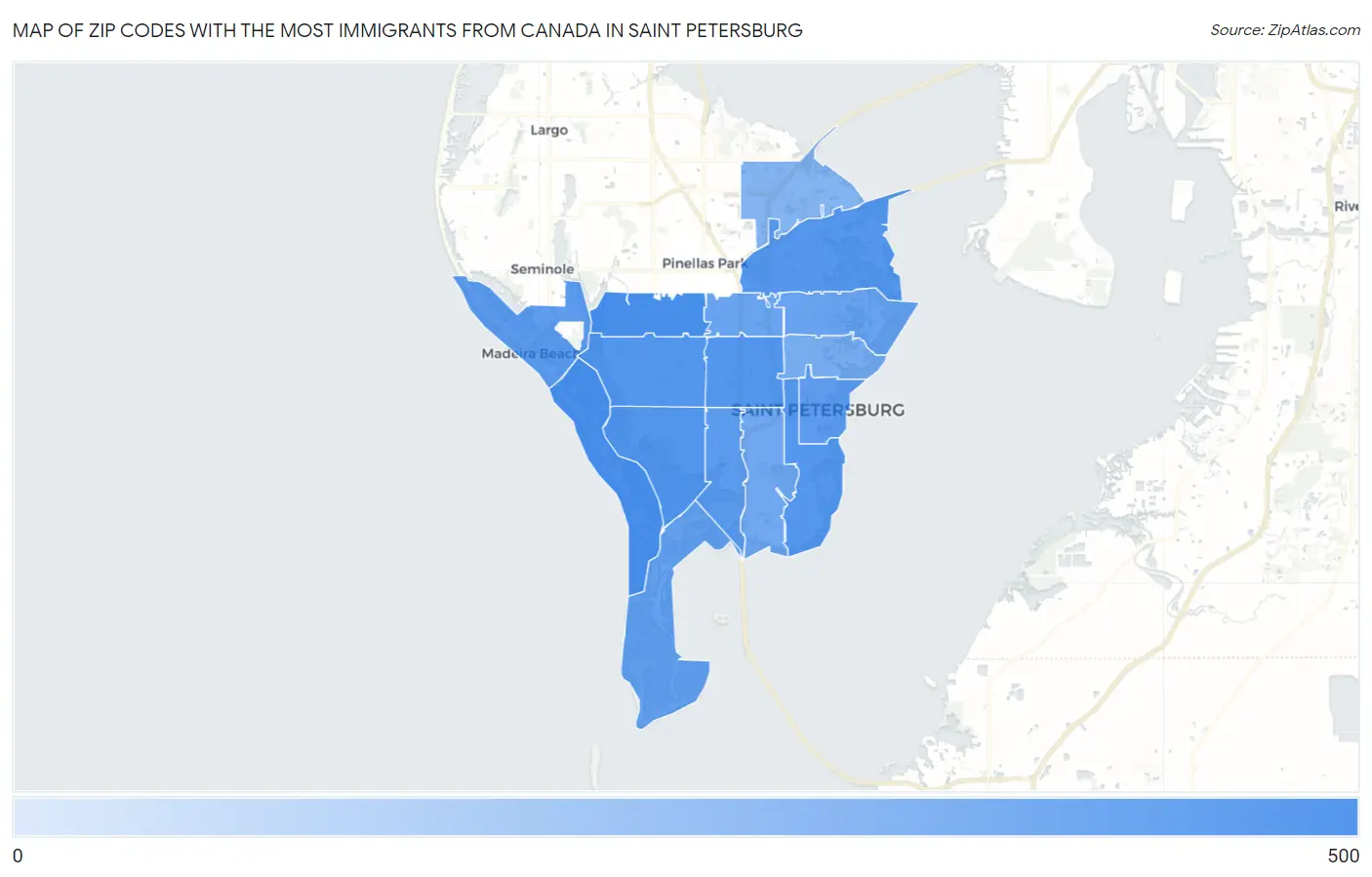 Zip Codes with the Most Immigrants from Canada in Saint Petersburg Map