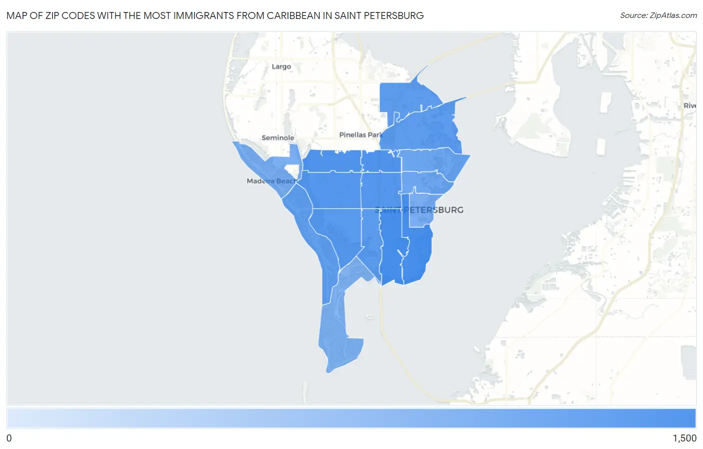 Zip Codes with the Most Immigrants from Caribbean in Saint Petersburg Map