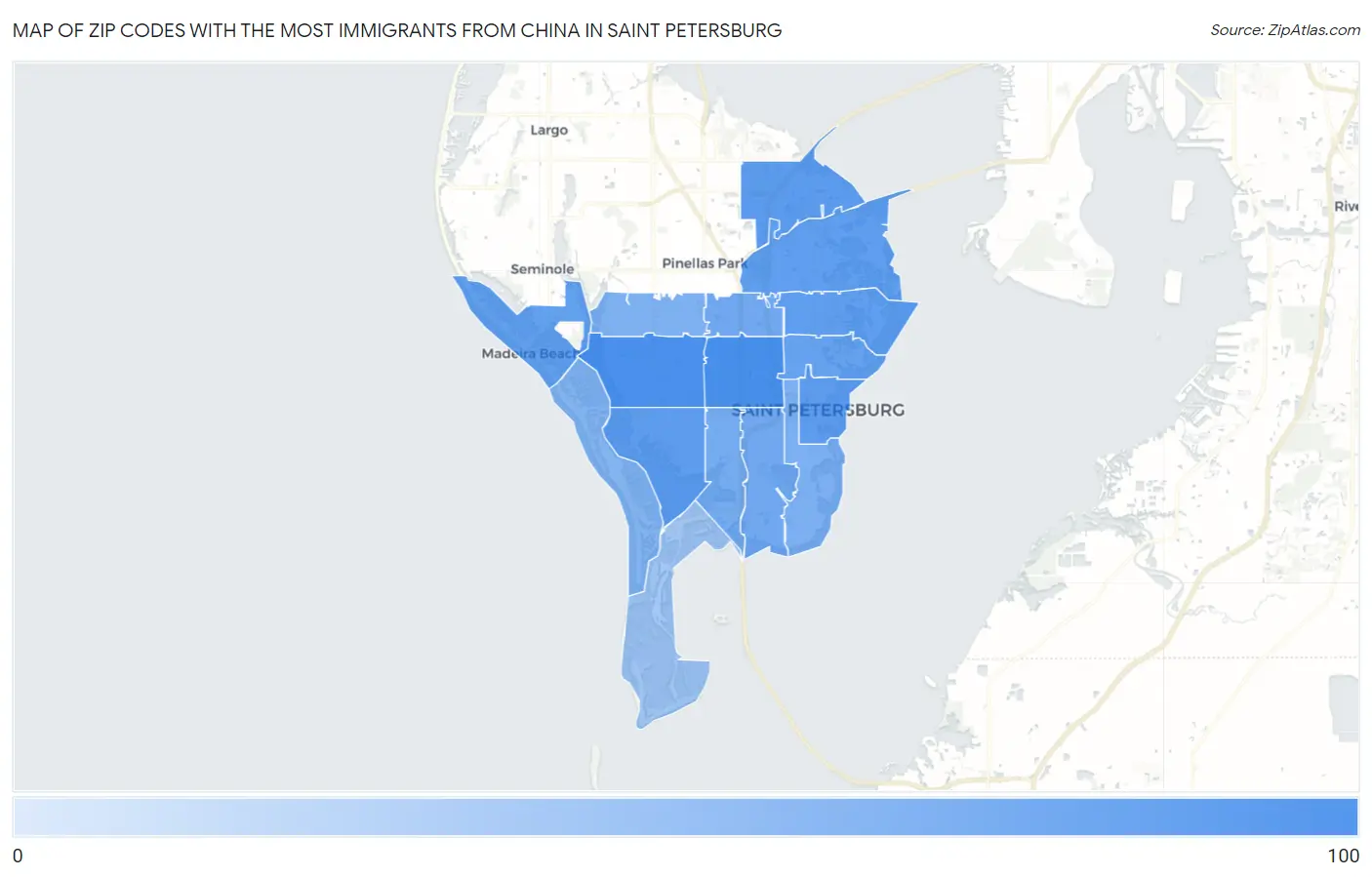 Zip Codes with the Most Immigrants from China in Saint Petersburg Map