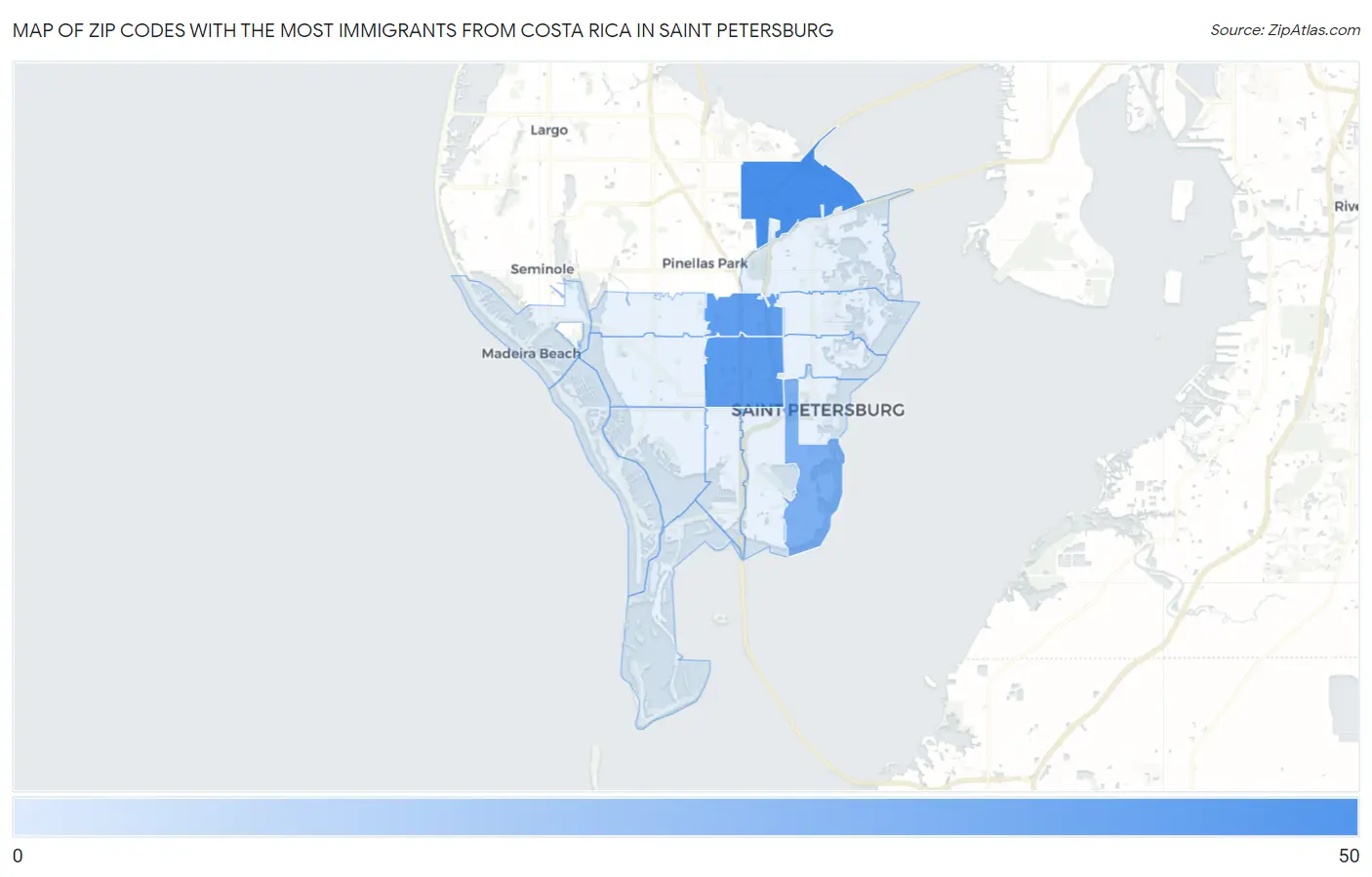 Zip Codes with the Most Immigrants from Costa Rica in Saint Petersburg Map