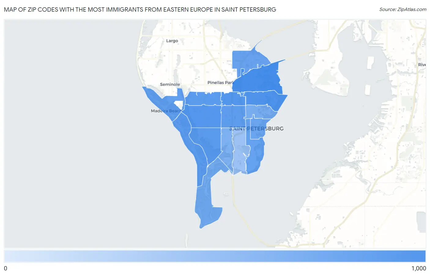 Zip Codes with the Most Immigrants from Eastern Europe in Saint Petersburg Map