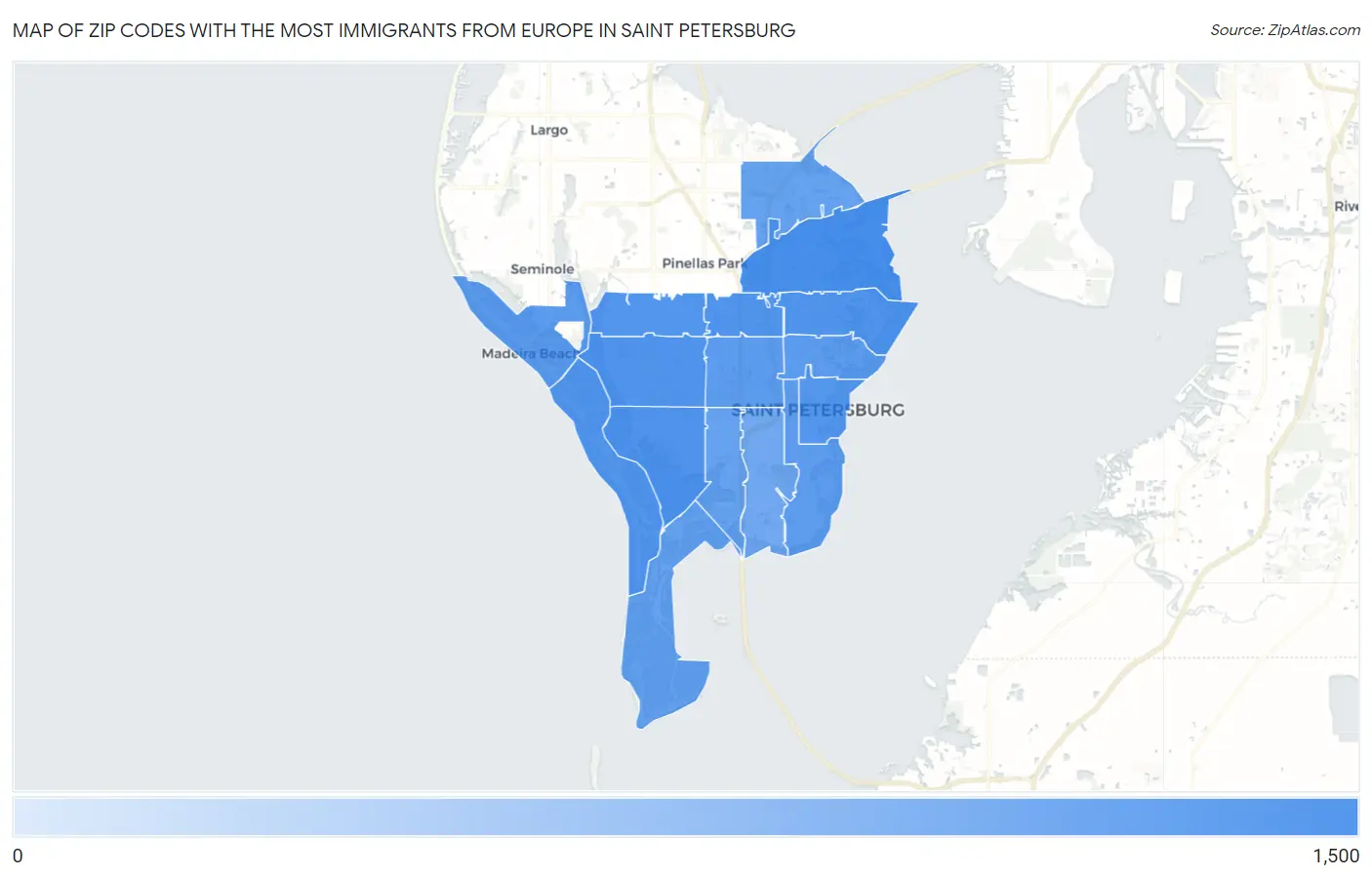 Zip Codes with the Most Immigrants from Europe in Saint Petersburg Map