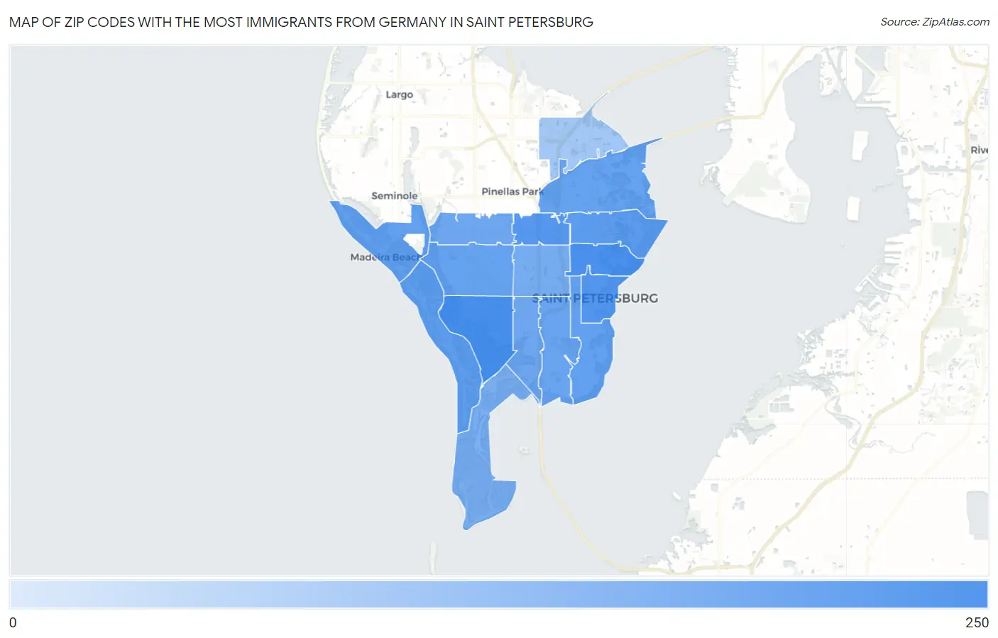 Zip Codes with the Most Immigrants from Germany in Saint Petersburg Map