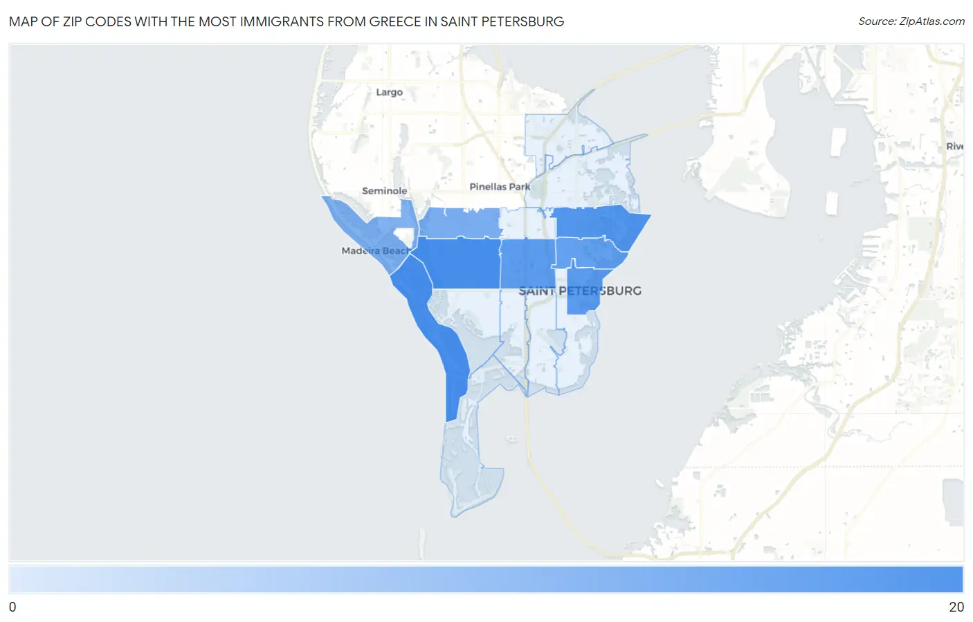 Zip Codes with the Most Immigrants from Greece in Saint Petersburg Map