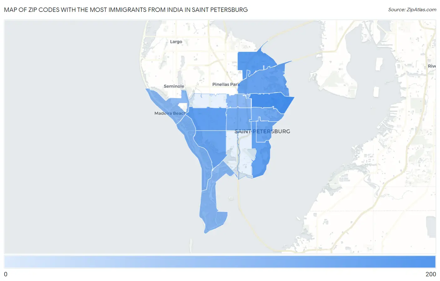 Zip Codes with the Most Immigrants from India in Saint Petersburg Map