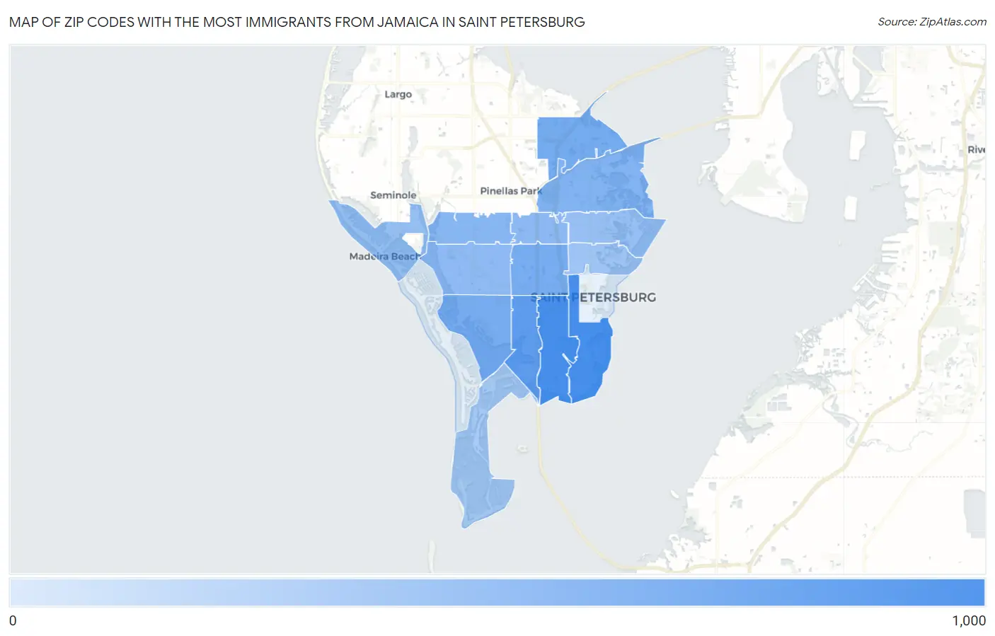 Zip Codes with the Most Immigrants from Jamaica in Saint Petersburg Map