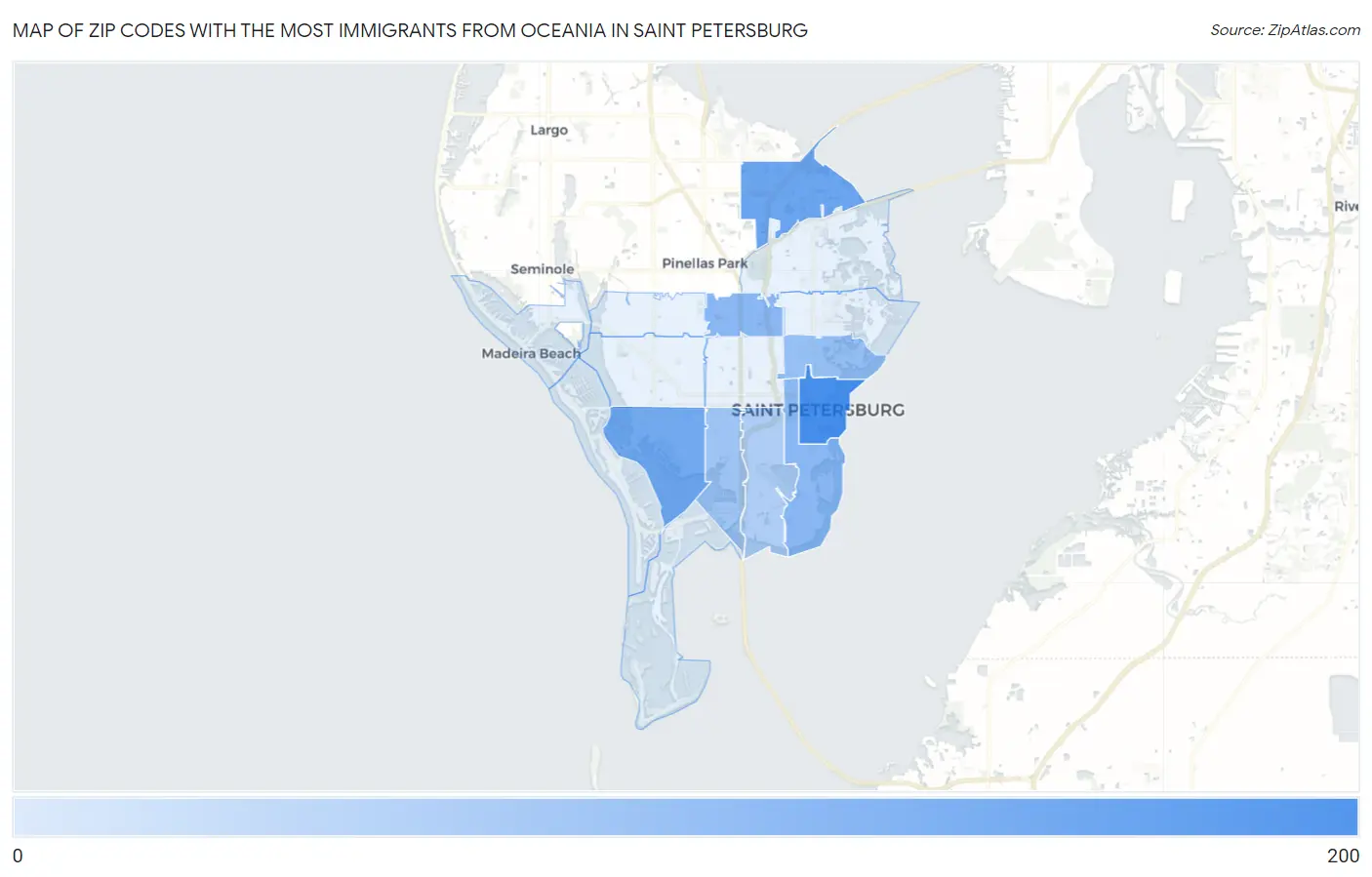 Zip Codes with the Most Immigrants from Oceania in Saint Petersburg Map