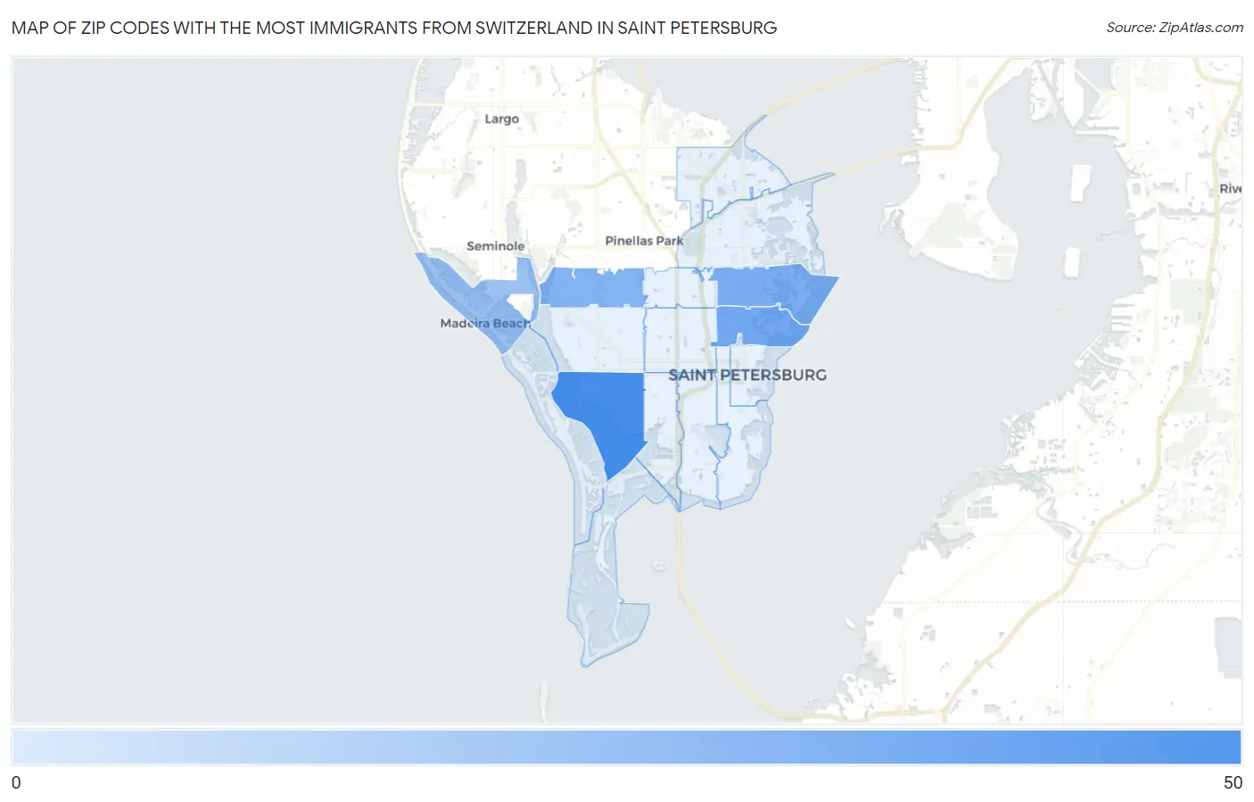 Zip Codes with the Most Immigrants from Switzerland in Saint Petersburg Map