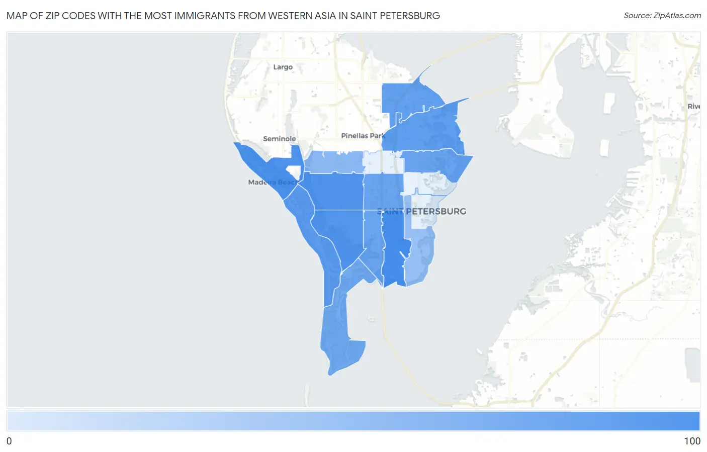Zip Codes with the Most Immigrants from Western Asia in Saint Petersburg Map