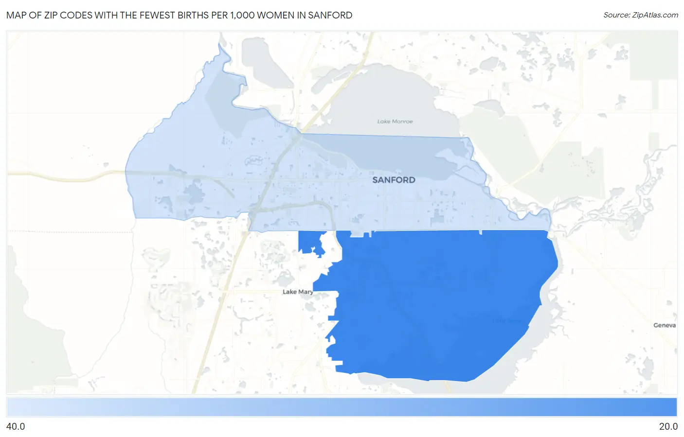 Zip Codes with the Fewest Births per 1,000 Women in Sanford Map