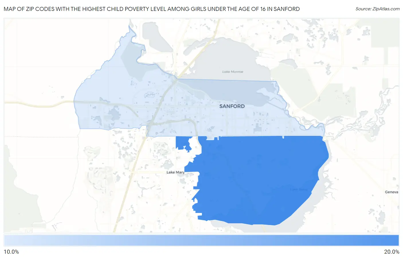 Zip Codes with the Highest Child Poverty Level Among Girls Under the Age of 16 in Sanford Map