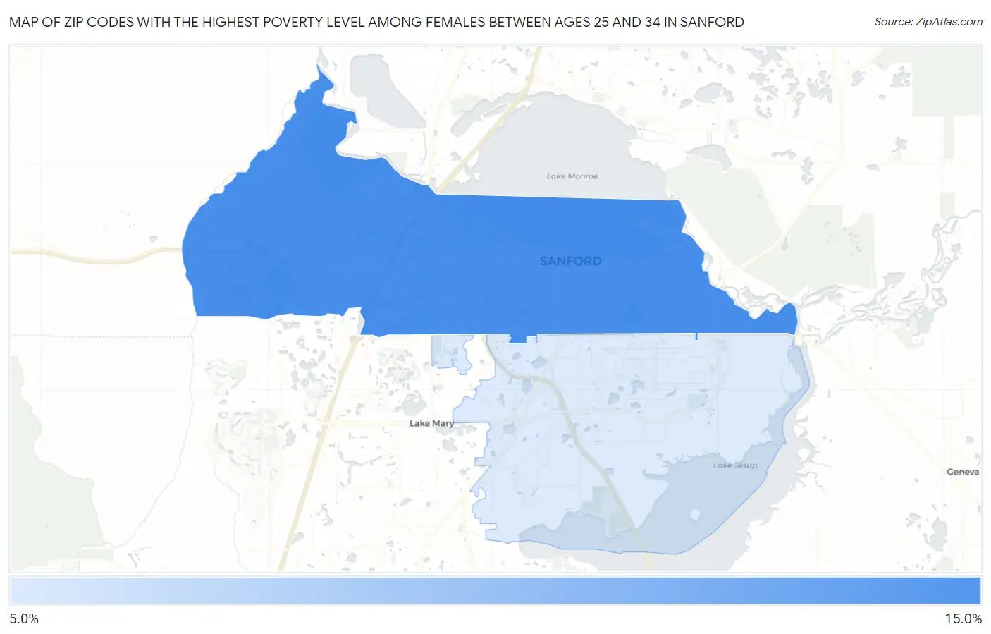 Zip Codes with the Highest Poverty Level Among Females Between Ages 25 and 34 in Sanford Map