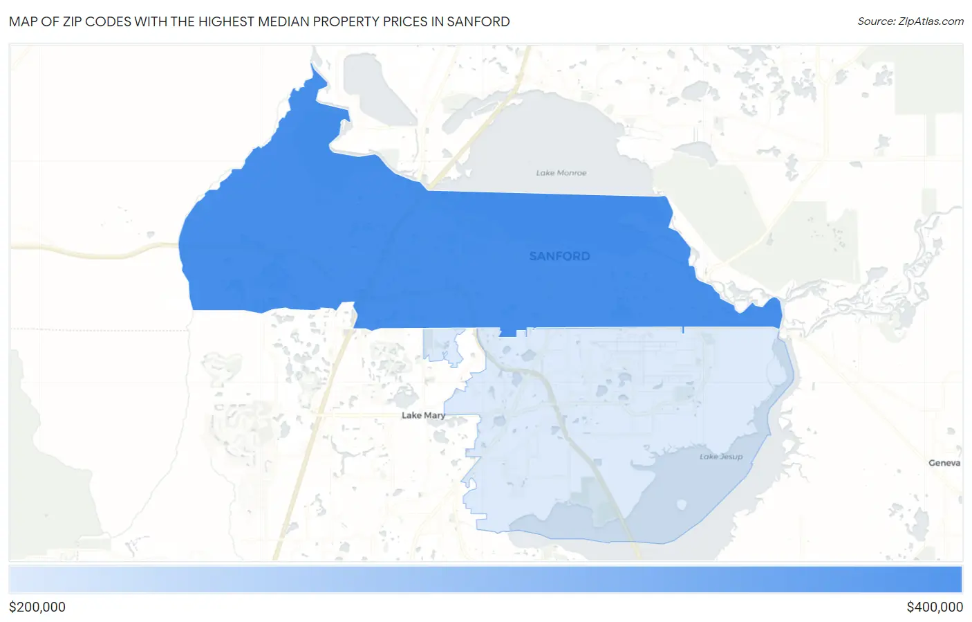 Zip Codes with the Highest Median Property Prices in Sanford Map