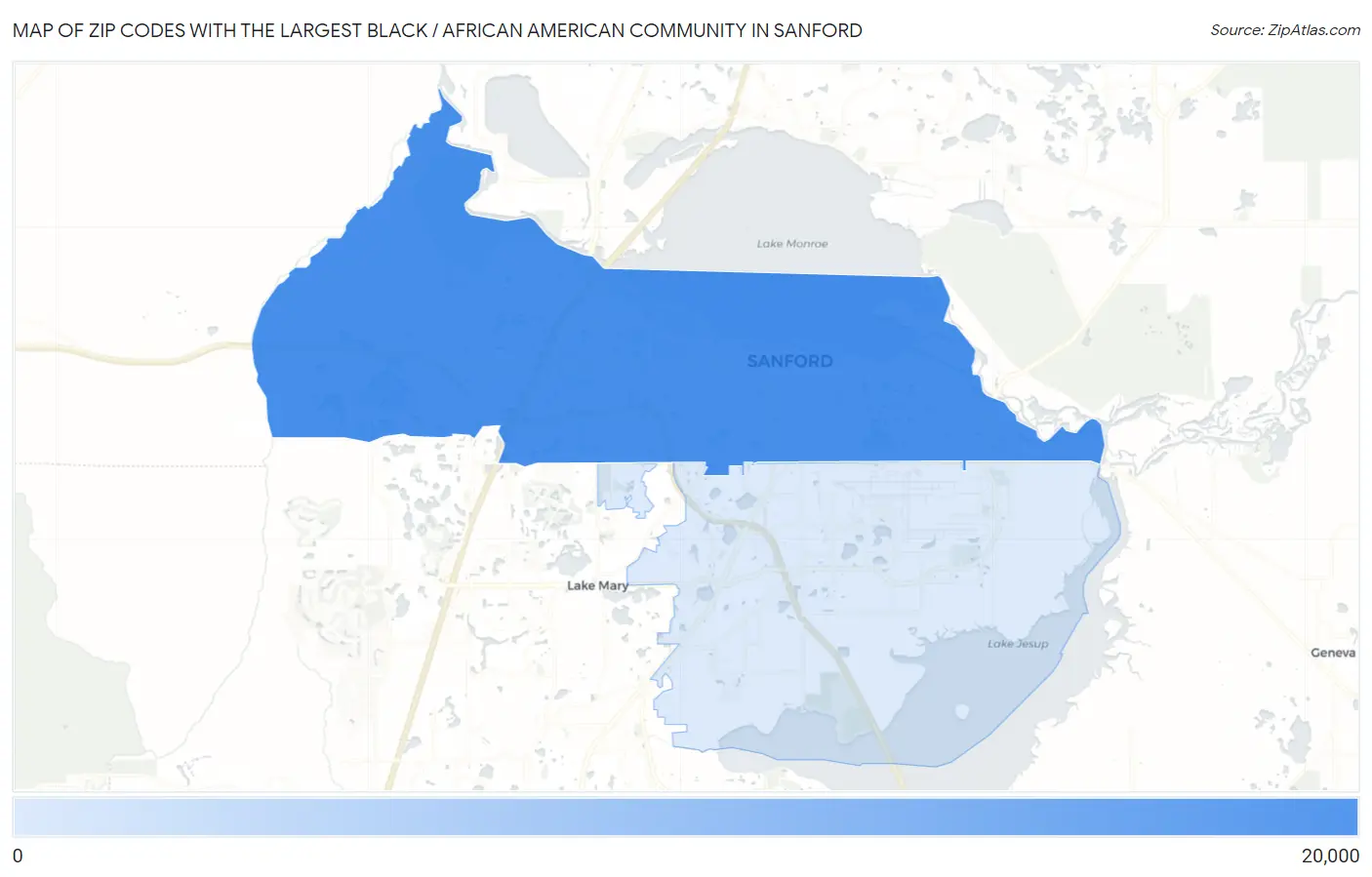 Zip Codes with the Largest Black / African American Community in Sanford Map